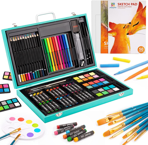 Image of Art Supplies 94 Piece Wooden Art Set for Painting, Sketching, Coloring Creative Portable Art Kit with Colored Pencils, Oil Pastels, Watercolor Cakes for Teens, Adults (Grass Green)
