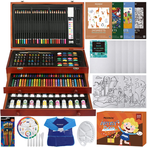 Image of MEEDEN 215-Piece Mega Wooden Box Art Set, Deluxe Painting & Drawing Kit with All Paint Supplies for Kids, Beginners and Adults