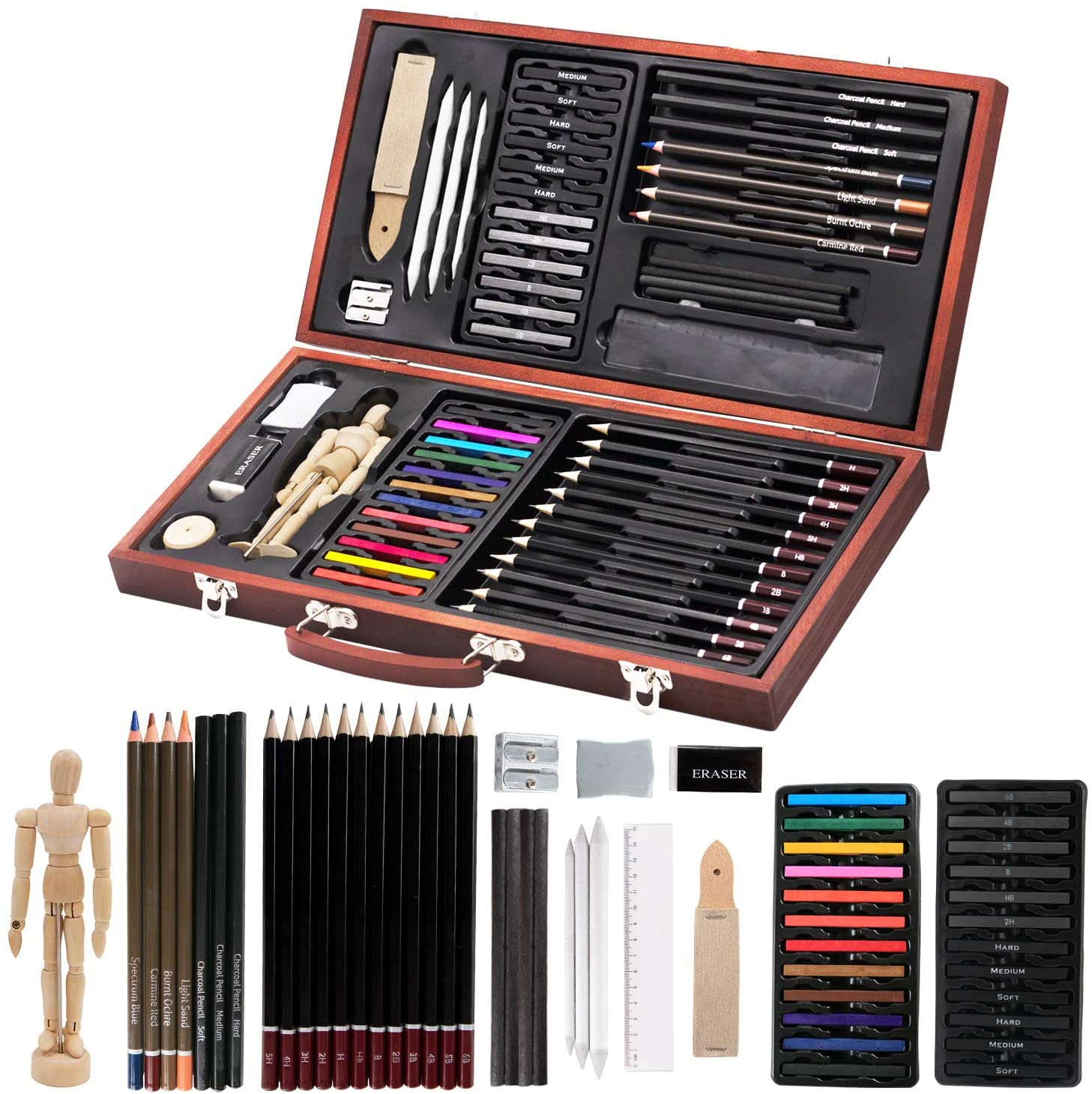 Professional Art Kit, 58 Piece Drawing and Sketching Art Set, Colored Pencils and Charcoal Pencils in Wooden Box, Art Supplies for Kids, Teens and Adults