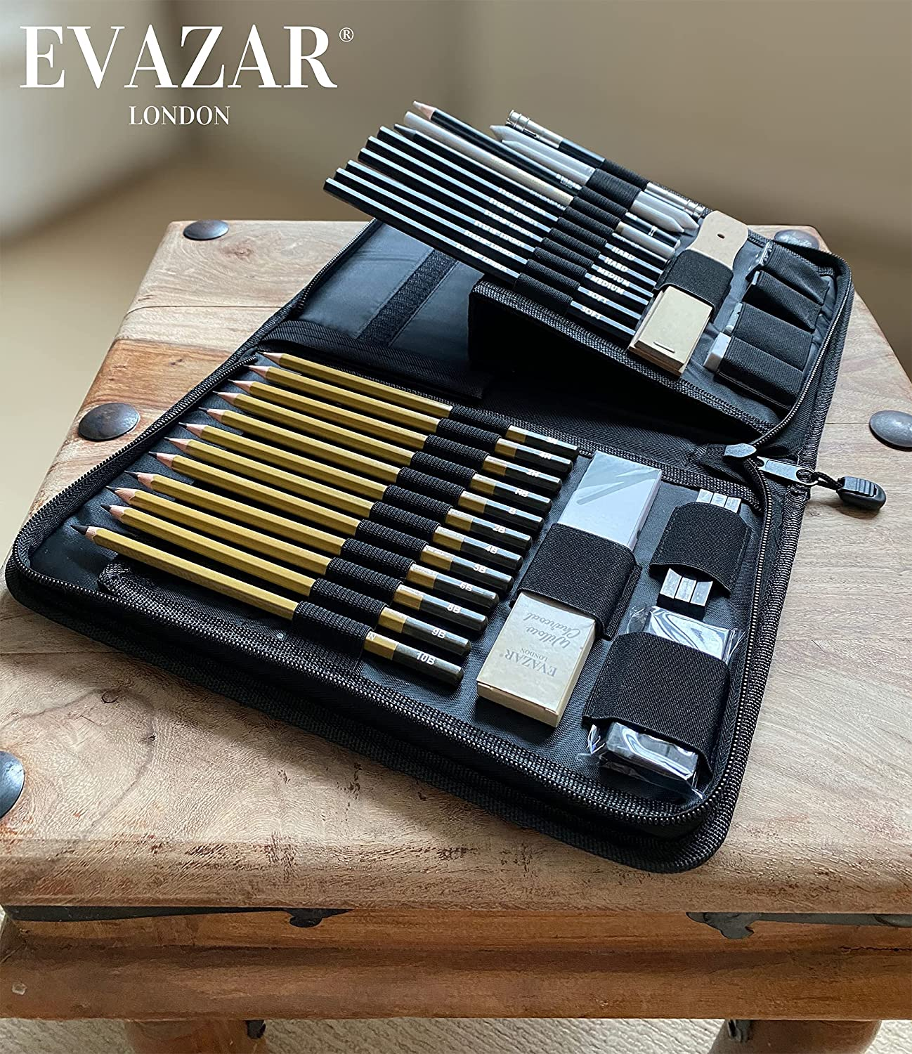 Sketching Supplies and Drawing Pencils; Artists Sketch Kit Includes Assorted Graphite and Charcoal Pencils and Sticks Presented in Sturdy Portable Case with Integrated Stands; EVAZAR Quality Art Supplies