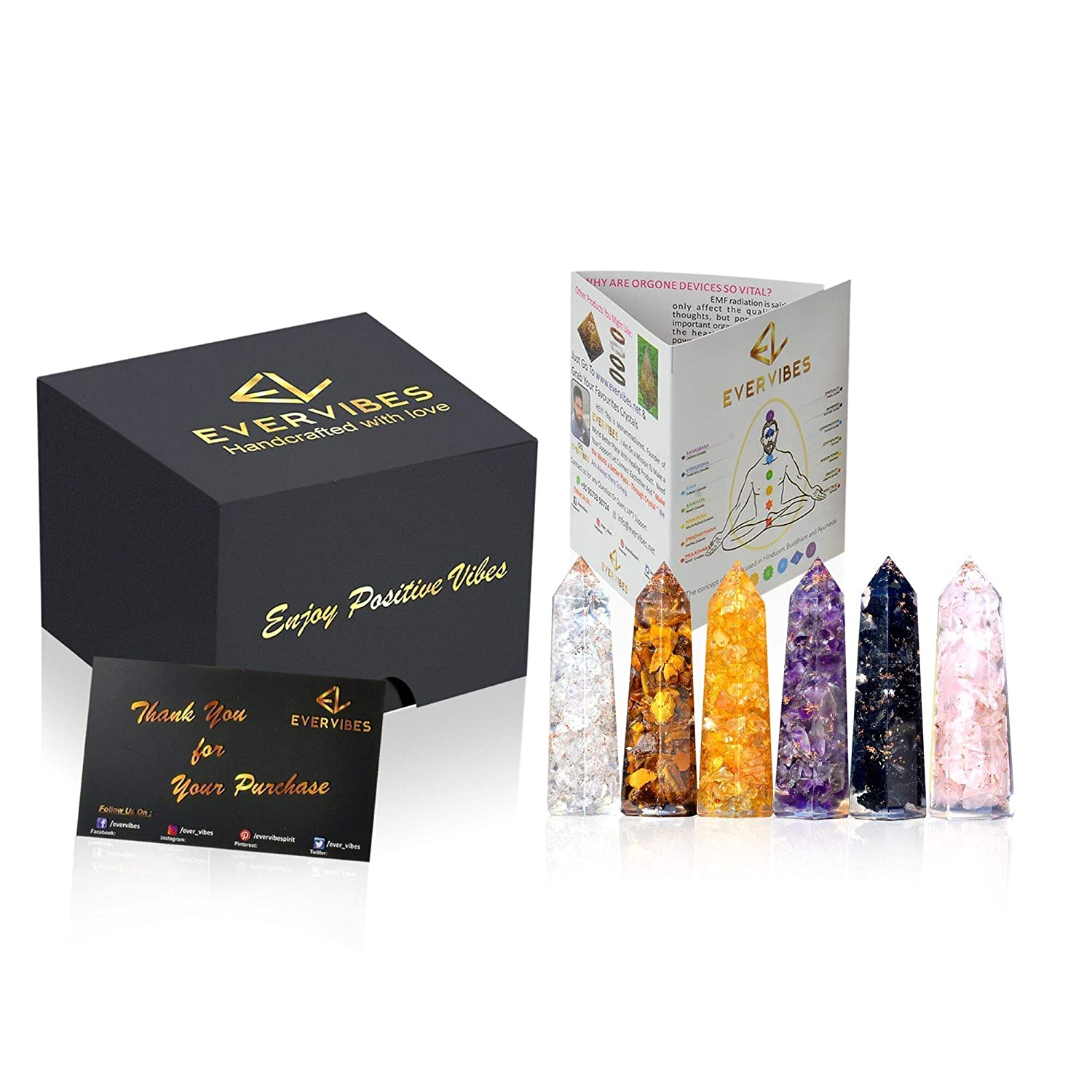 Healing Crystal Wand Set of 6 Orgonite – Includes 3” Amethyst Crystal, Tigers Eye, Rose Quartz, Black Tourmaline Stone, Citrine and Clear Quartz Orgone Crystal plus Black Tourmaline Necklace