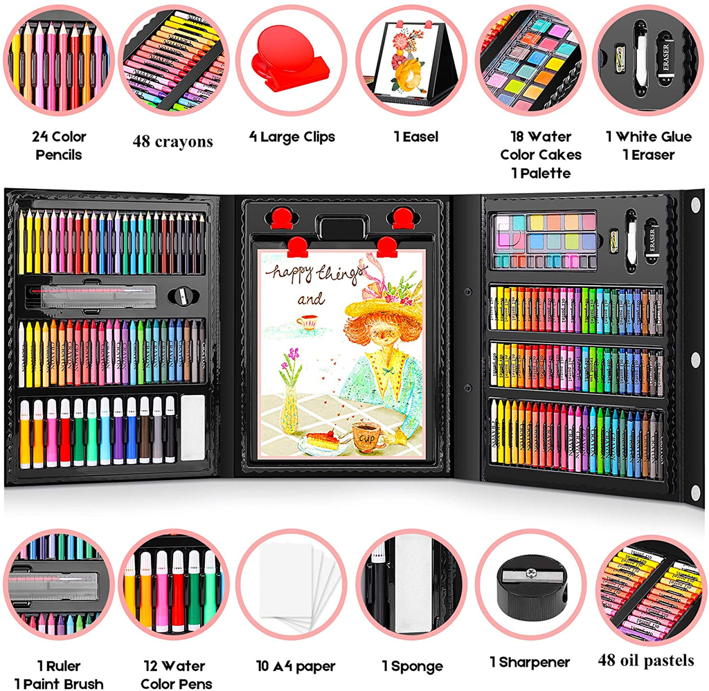 Beginners Art Set Case With Trifold Easel, Sketch Pad, Coloring