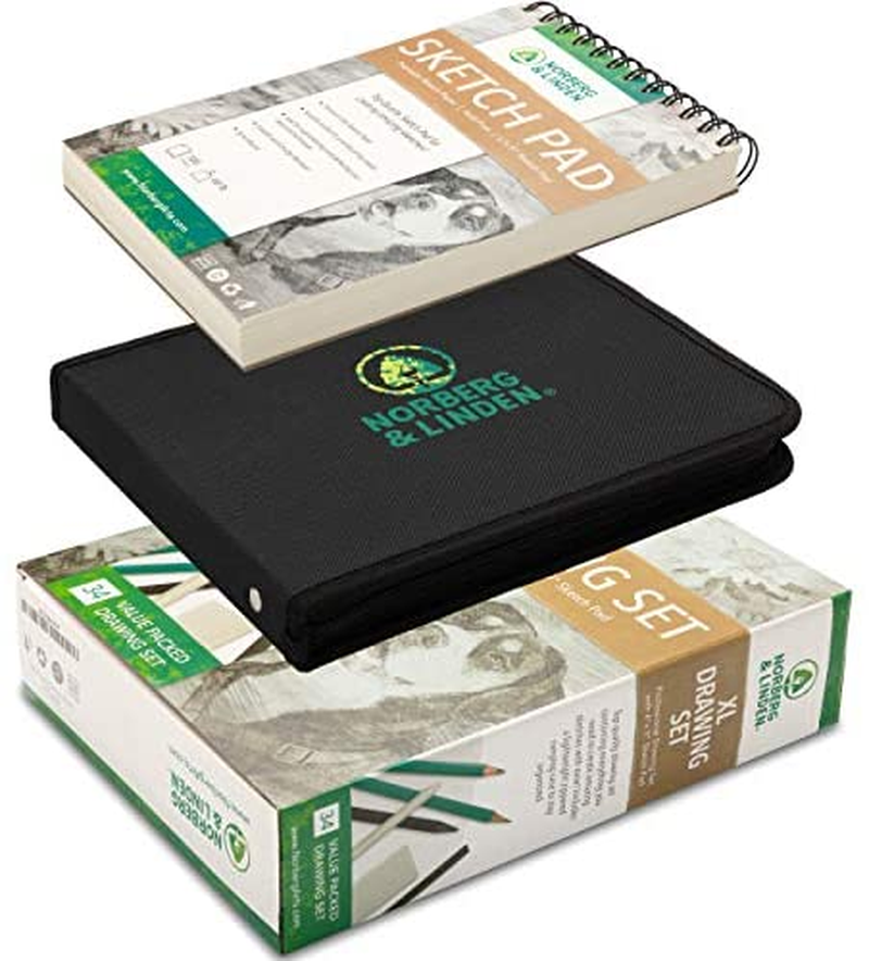 Norberg & Linden XL Drawing Set - Sketching, Graphite and Charcoal Pencils. Includes 100 Page Drawing Pad, Kneaded Eraser, Blending Stump. Art Kit and Supplies for Kids, Teens and Adults.