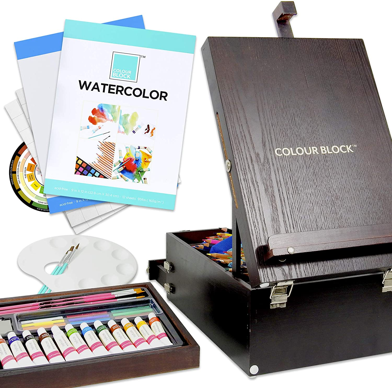 COLOUR BLOCK 152 Pc Wooden Easel Painting & Drawing Mixed Media Art Set - Acrylic & Watercolor Paint; Sketching, Color & Metallic Pencils and Tools. Professional Art Set for Adults and All Artists