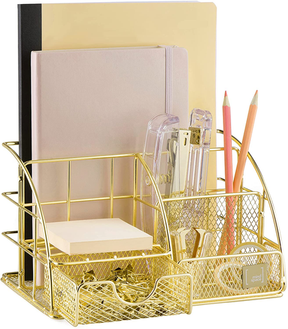 Image of Desk Organizer & Office Decor for Women, Office Supplies Pen Holder | Paper & Binder Clips Included - Features 5 Compartments + Drawer