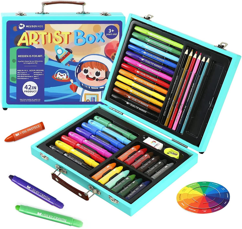 Image of MEEDEN Art Set for Kids, Kids Drawing Set with Portable Wooden Box, Coloring Book, Silky Crayons, Oil Pastels, Colored Pencils & Painting Art Supplies, Art Kit for Kids Girls Boys