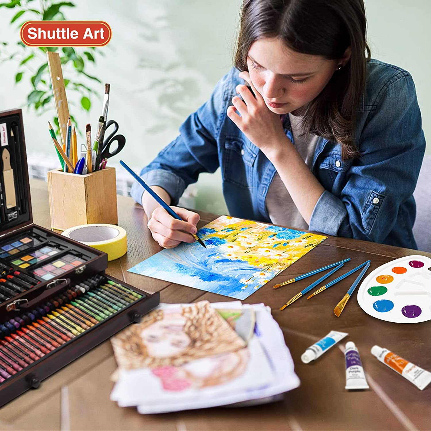 186 Piece Deluxe Art Set, Shuttle Art Art Supplies in Wooden Case, Painting Drawing Art Kit with Acrylic Paint Pencils Oil Pastels Watercolor Cakes Coloring Book Watercolor Sketch Pad for Kids Adults