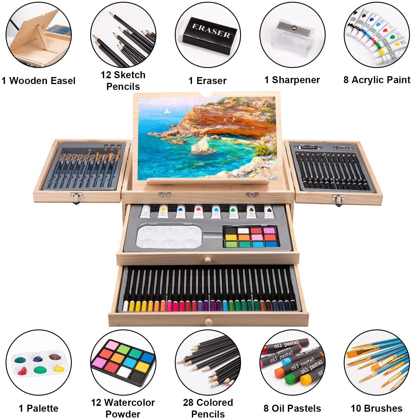 Art Supplies 85 Pieces Portable Art Set Drawing Supplies with Built-In Wooden Easel, Including Oil Pastels, Colored Pencils, Watercolor Powder, Acrylic Paint, Art Kits for Kids & Beginners