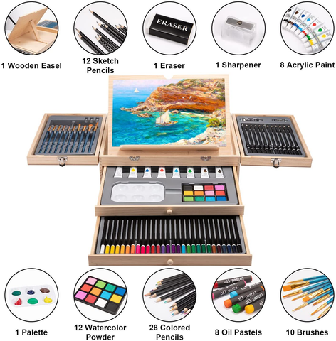 Image of Art Supplies 85 Pieces Portable Art Set Drawing Supplies with Built-In Wooden Easel, Including Oil Pastels, Colored Pencils, Watercolor Powder, Acrylic Paint, Art Kits for Kids & Beginners
