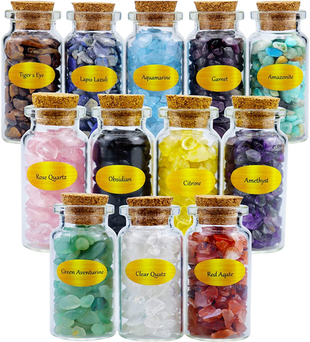 Image of 12 Pack Different Crystal Chips Gemstone Bottles Reiki Healing Tumbled Wicca Gem Stones Kit for Jewelry Making Home Office Decoration Collection
