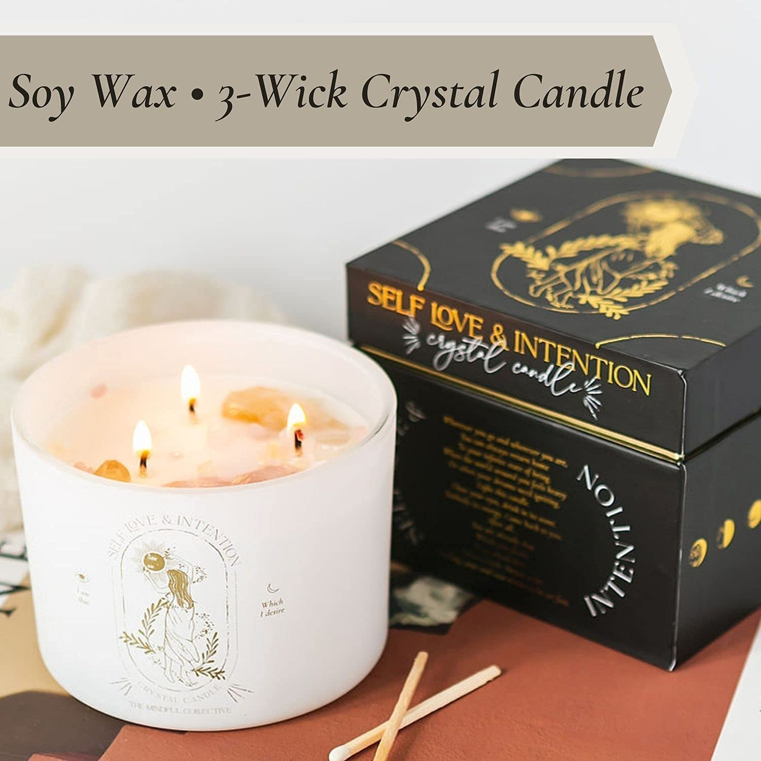 Healing Crystal Candle - Soy Candle with Crystals Inside. Energy Crystals and Healing Stones Manifestation Candle. Three Wick Candle, Meditation Accessories. Self Love, Spiritual Aromatherapy Candles