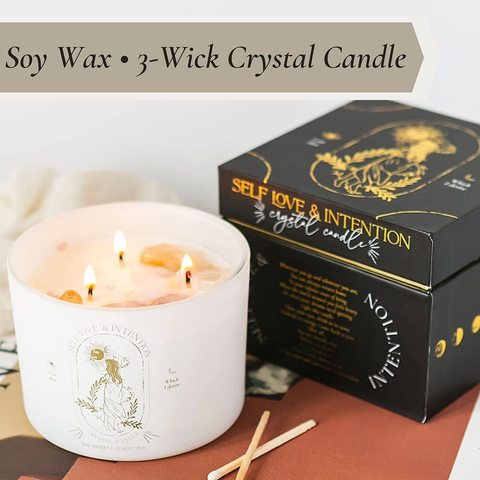 Image of Healing Crystal Candle - Soy Candle with Crystals Inside. Energy Crystals and Healing Stones Manifestation Candle. Three Wick Candle, Meditation Accessories. Self Love, Spiritual Aromatherapy Candles