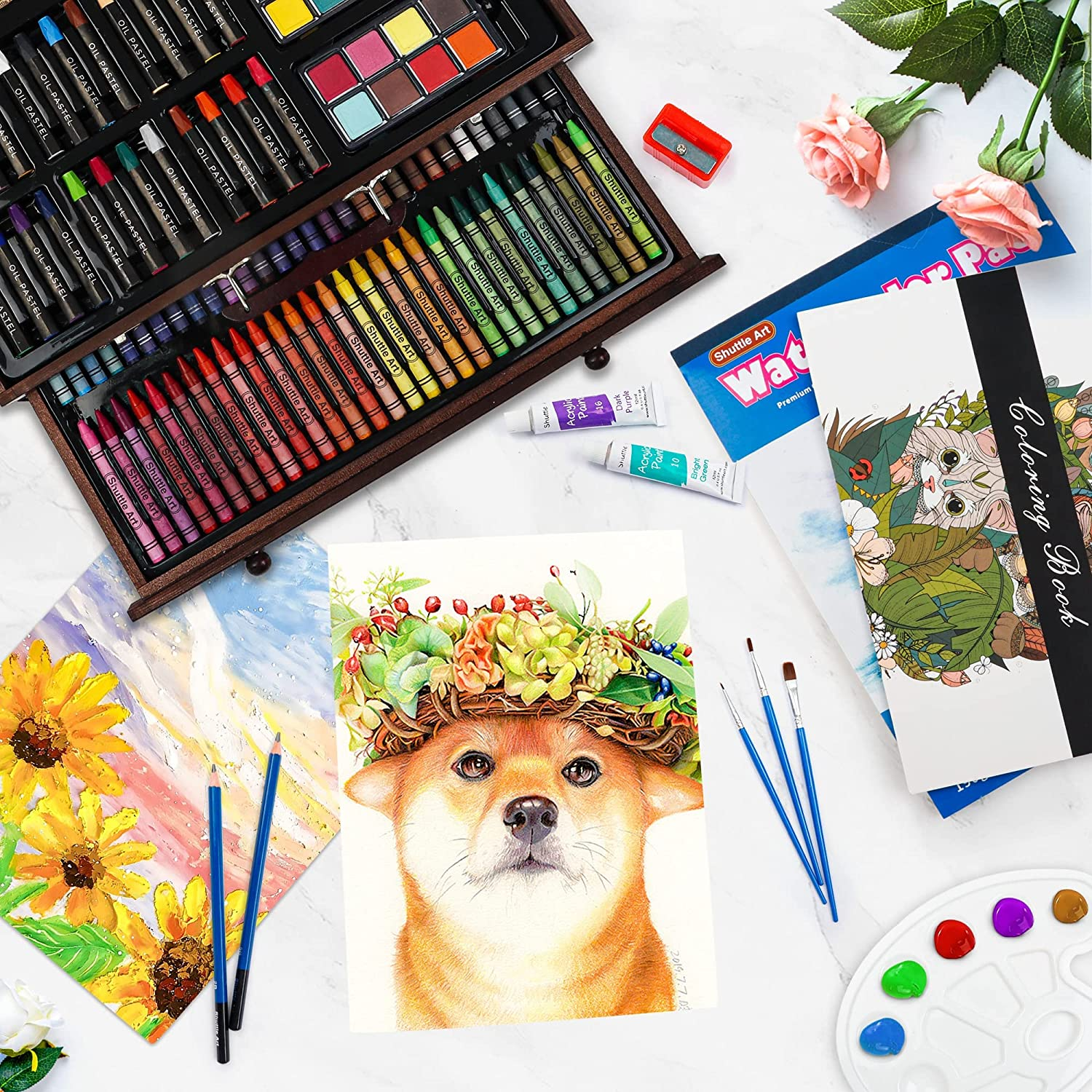 186 Piece Deluxe Art Set, Shuttle Art Art Supplies in Wooden Case, Painting Drawing Art Kit with Acrylic Paint Pencils Oil Pastels Watercolor Cakes Coloring Book Watercolor Sketch Pad for Kids Adults