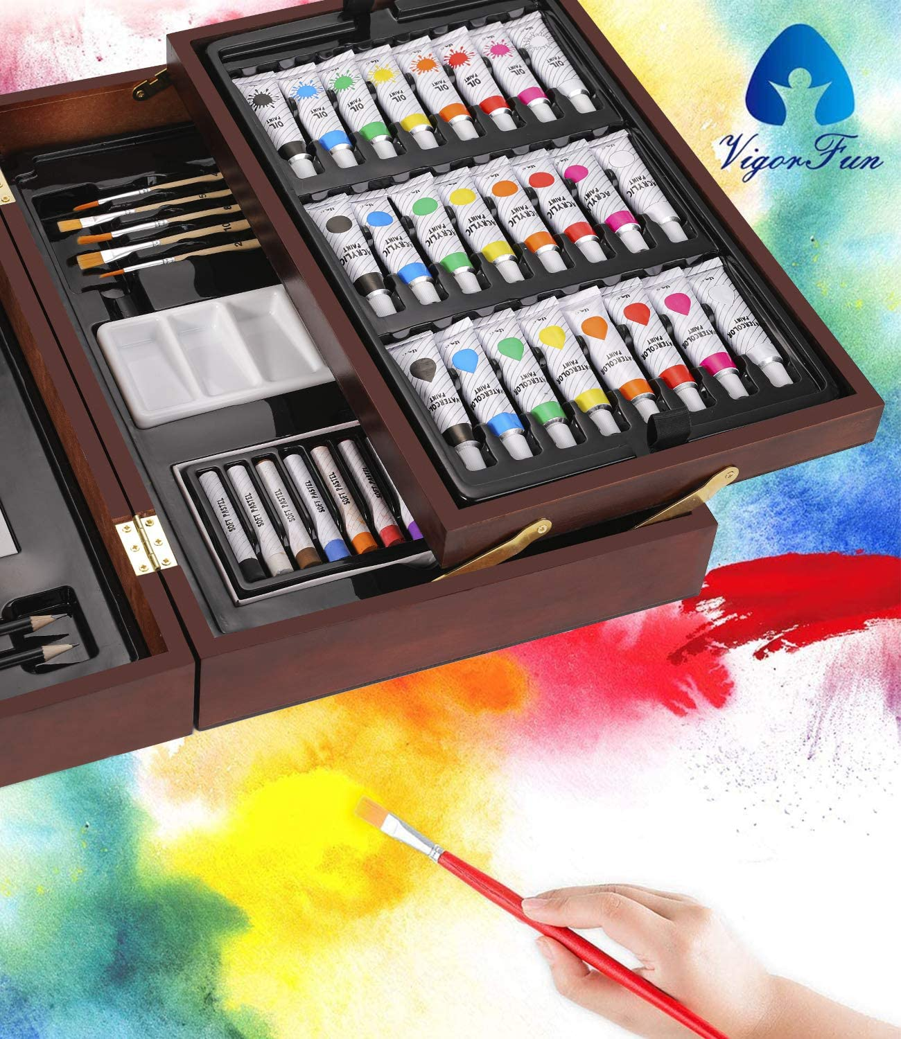 Deluxe Art Set in Wooden Case, with Soft & Oil Pastels, Acrylic & Watercolor Paints, Water Color, Sketching, Charcoal & Colored Pencils, Watercolor Cakes and Tools